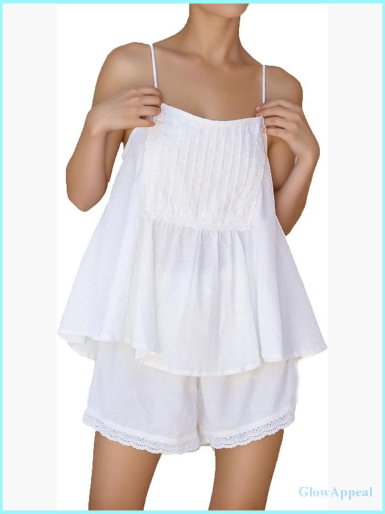 Sleeveless Tie Straps Ruffle Trim Top And Shorts Pajama Set 2 Piece